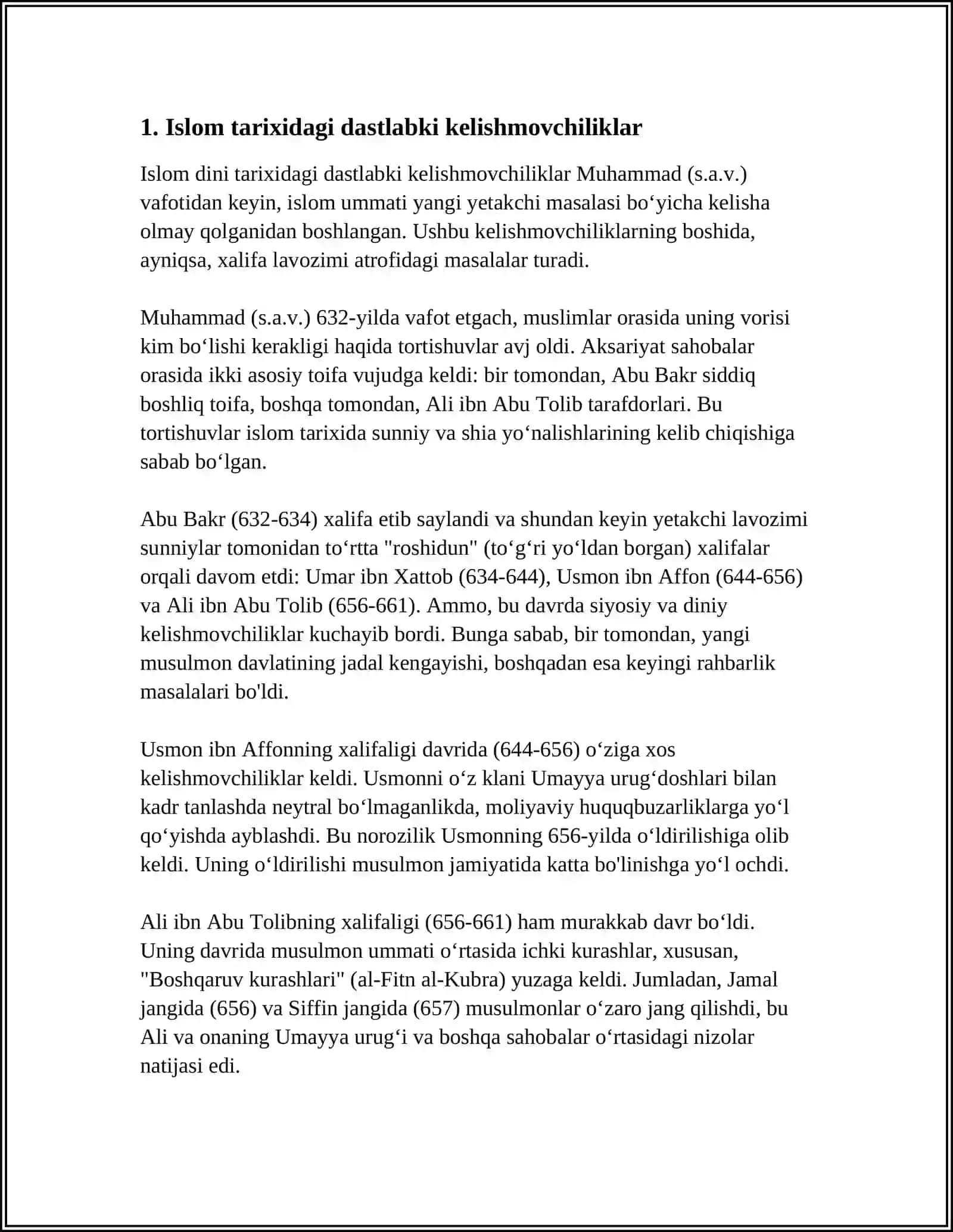 ISLOM OQIMLARI VA YO’NALISHLARINING PAYDO BO’LISHI SABABLARI, ETIQODIDAGI BO’LINISHLARNING SABABLARI VA OQIBATLARI 4