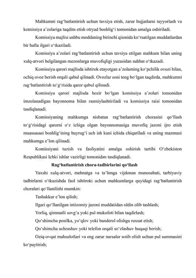 Ozodlikdan mahrum etishga hukm qilingan shaxslarga nisbatan qo’llaniladigan rag’batlantirish 4
