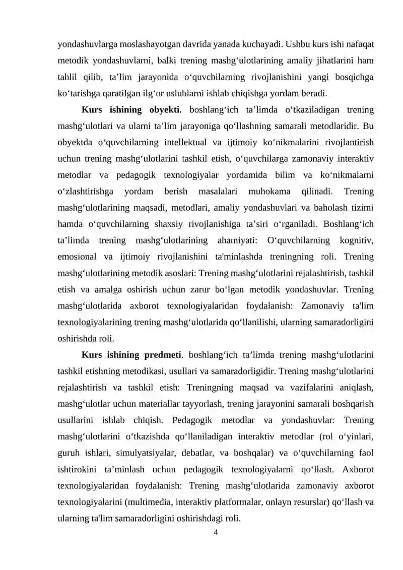 Boshlang’ich ta’limda o’tkaziladigan trening mashg‘ulotlarini tashkil etish. 4