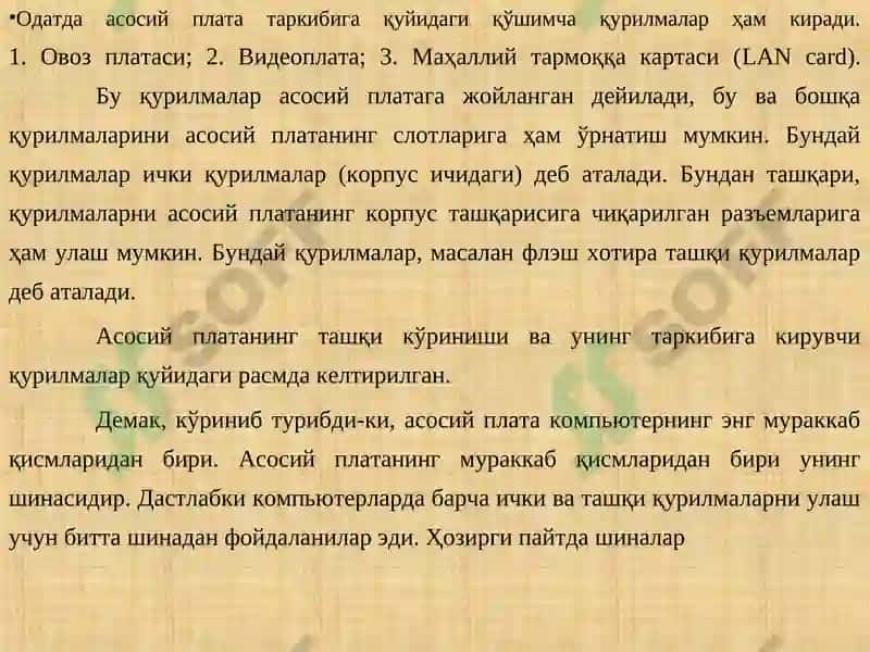 Асосий плата таркибий қисмлари ва қурилмалари 4