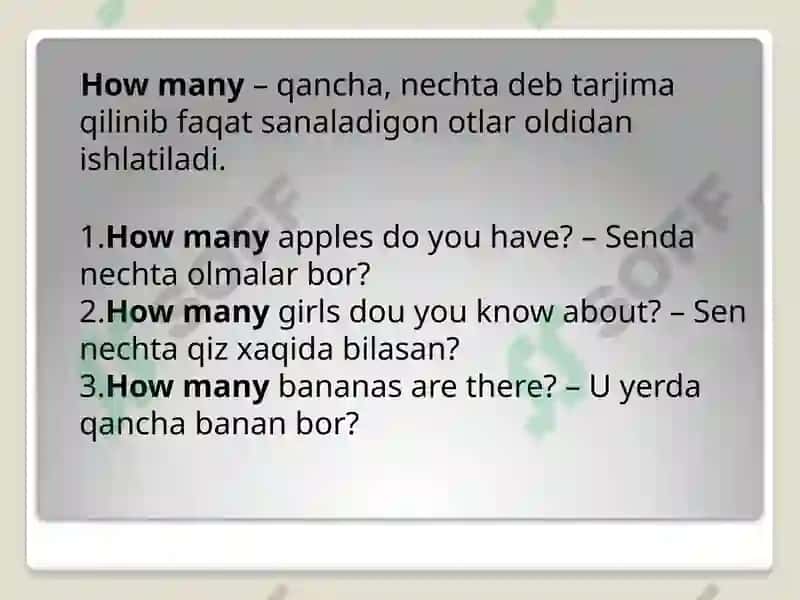 Ingliz tili - How much / How many so`roq so`zlar 4