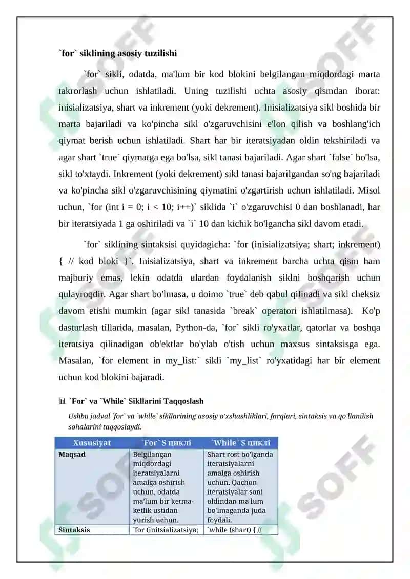 For sikli va while sikli o'rtasidagi o'xshashlik va farqlarini taqqoslang 4