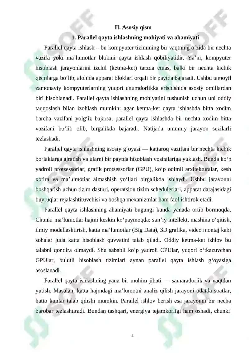 Parallel qayta ishlash, ma’lumotlarni taqdim etish va buyruqlarni amalga oshirishda apparat vositalarning vazifalari 4