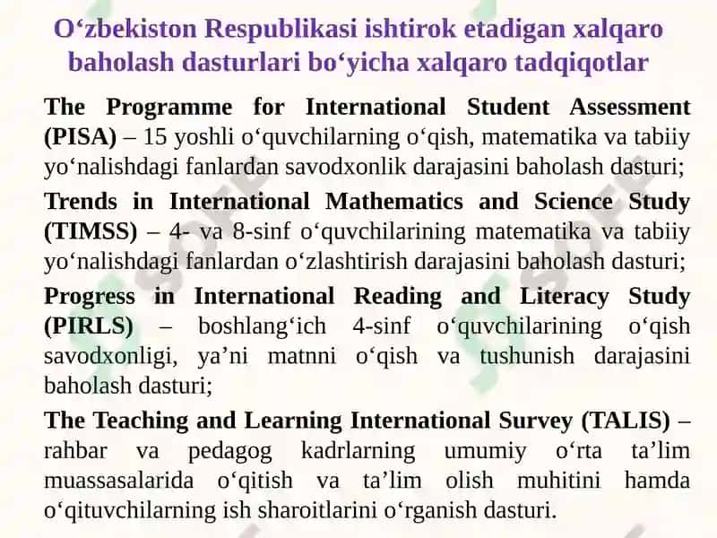 Xalqaro baholash dasturlari (PISA, TIMSS va PIRLS) tadqiqotlari natijalari asosida ta’lim samaradorligini oshirish. 4