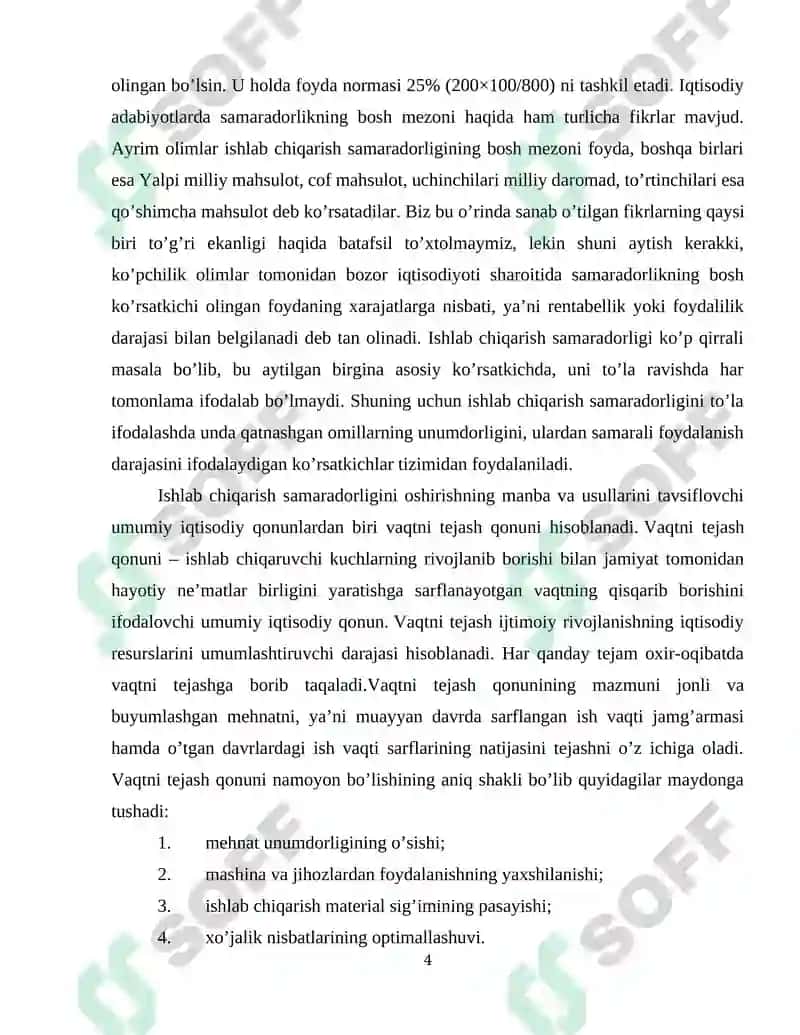 Ishlab chiqarish samaradorligi va uning asosiy ko’rsatkichlari 4