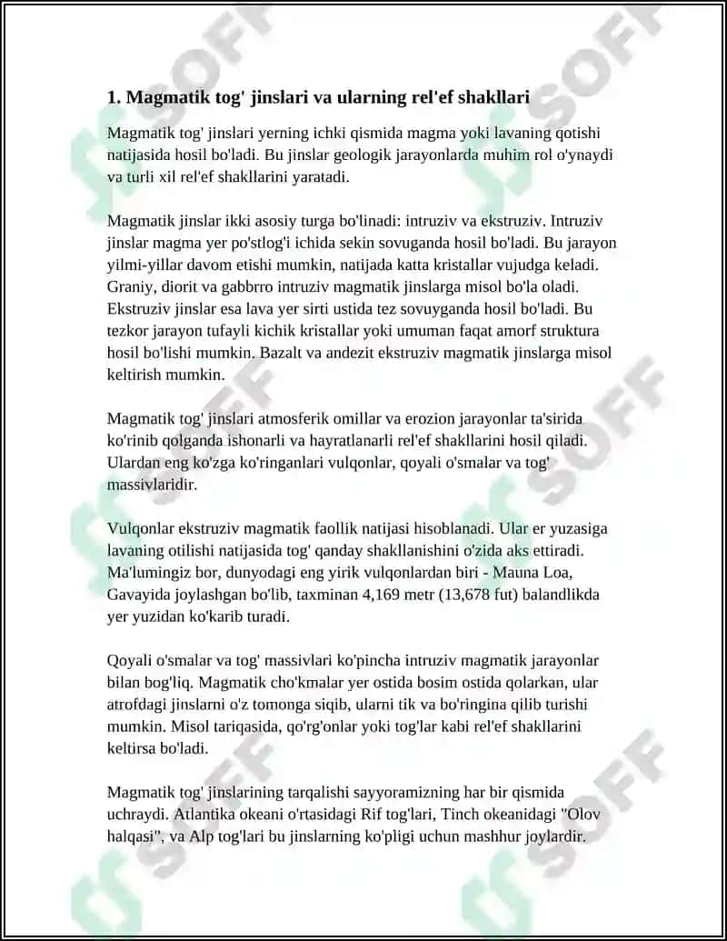 Magmatik, Metamorfik va Cho'kindi Tog' Jinslari Maydon va Xududlardagi Rel'ef Shakllari, Turlari va Tiplari 4