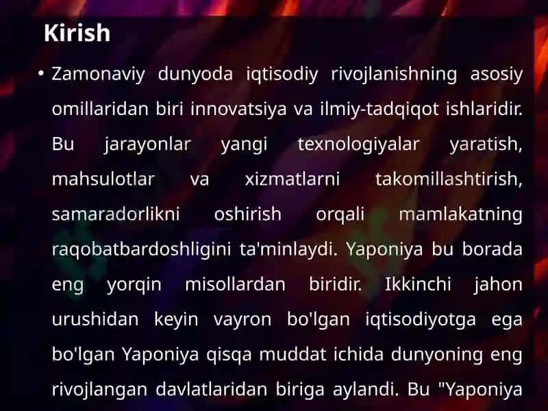 YAPONIYANING ZAMONAVIY IQTISODIY RIVOJLANISHIDA INNOVATSIYA VA ILMIY-TADQIQOT ISHLARINING RO’LI 4