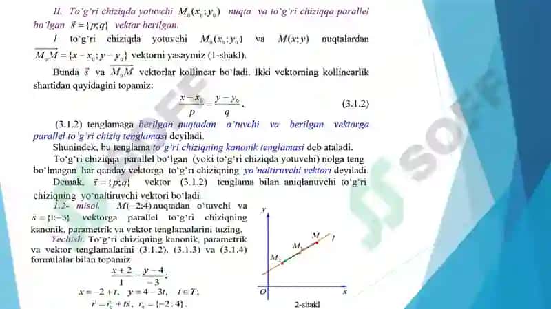 Tekislikda to’g’ri chiziq tenglamasini turli ko’rinishda berilishi. Tekislikda ikkita to’g’ri chiziq orasidagi burchak. Nuqtadan to’g’ri chiziqqacha bo’lgan masofa. 4
