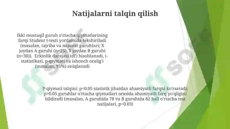 Ikki namunali t-test (dispersiyalar teng yoki teng emas deb faraz qilinganda) 4