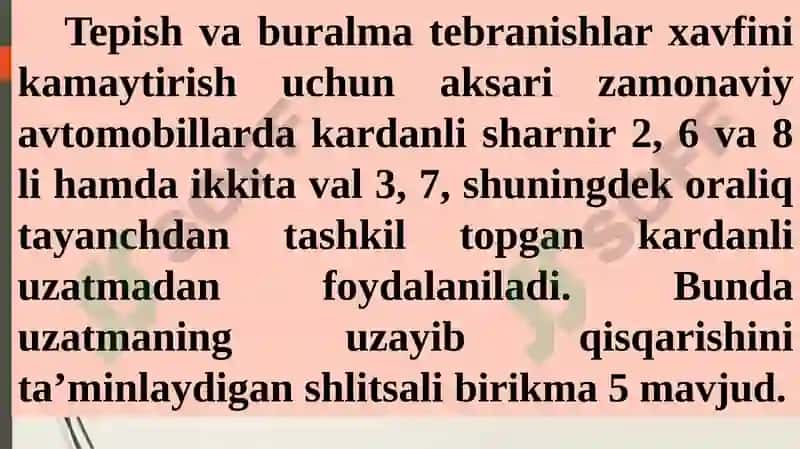 KARDAN UZATMASI, ASOSIY UZATMA, DIFFERENSIAL VA YARIM O‘QLAR 4