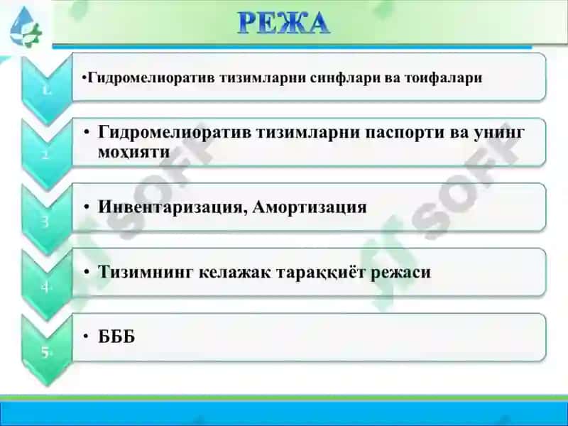 Ирригация тизимларида гидроэнергетика объектлари ва гидромелиоратив тизимларни паспорти, инвентаризацияси ва келажак тараққиёт режаси тўғрисида тушунчалар 4