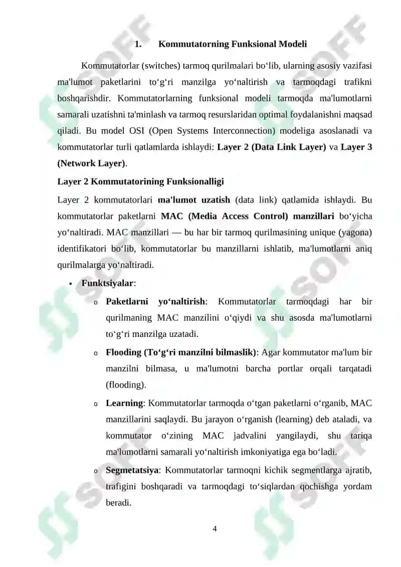 Kanal pog‘onasining protokollari (Frame Relay, ATM, Ethernet). Kommutatorning funksional modeli, turlari va MAC-jadvalning ishlash tamoyillari 4