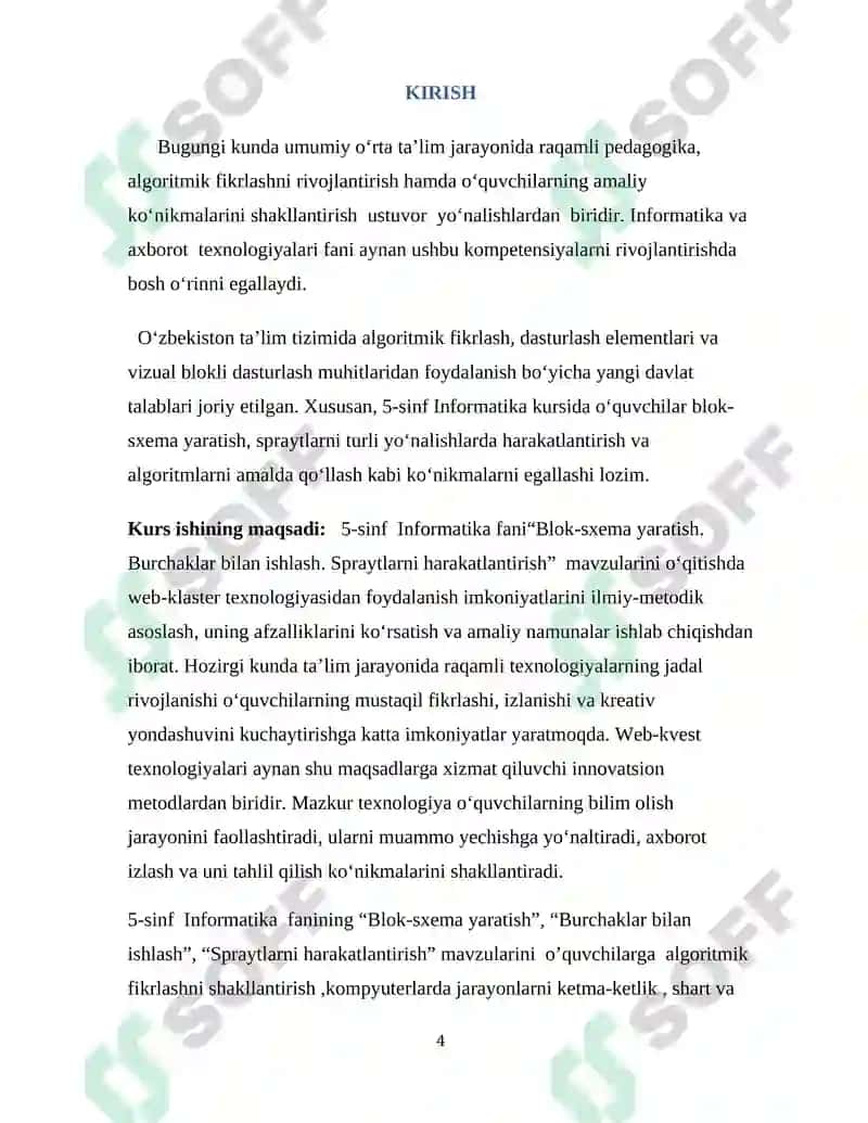 Umumiy o‘ta ta’lim maktablarining  5-sinfida  Informatika va AT fanidan  “Blok-sxema yaratish. Burchaklar bilan ishlash. Spraytlarni harakatlantirish” 4