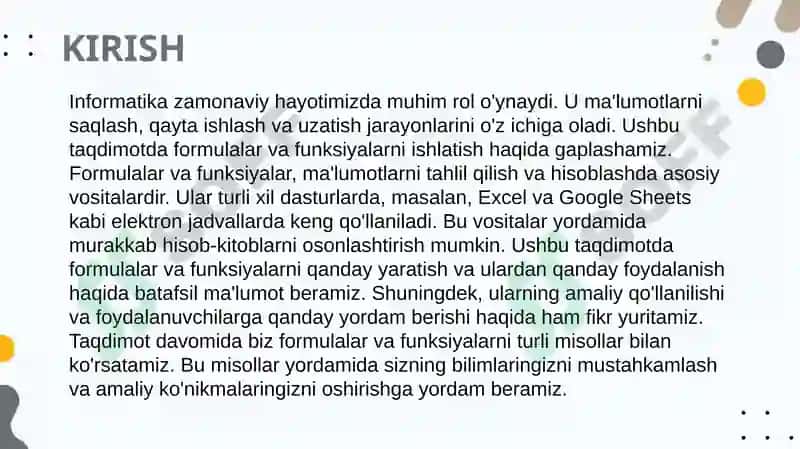 Informatika. Formulalar va funksiyalar ishlatish 4