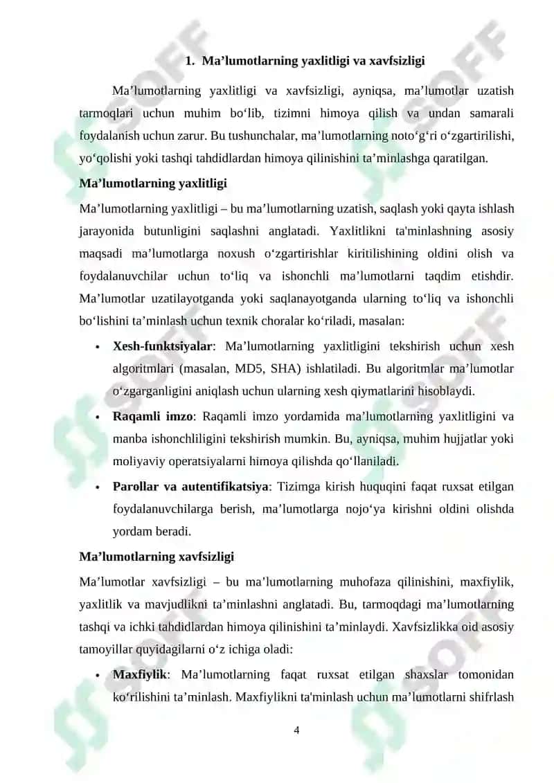 Ma’lumotlar uzatish tarmoqlarining ishonchlilik ko`rsatkichlariga talablar va ularni oshirish usullari. Ma’lumotlar uzatish tarmoqlarida monitoring usullari va protokollari 4