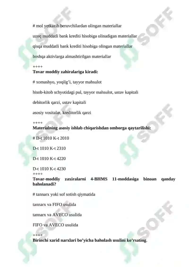 Buxalteriya fanidan yakuniy bosqichiga tushadigan savollar. 4