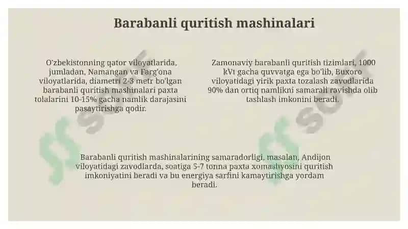 Paxta tozalash korxonalarida nam paxtani quritish 4