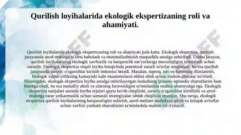 Qurilish, ekologik monitoring. Qurilishda ekologik ekspertiza. 4