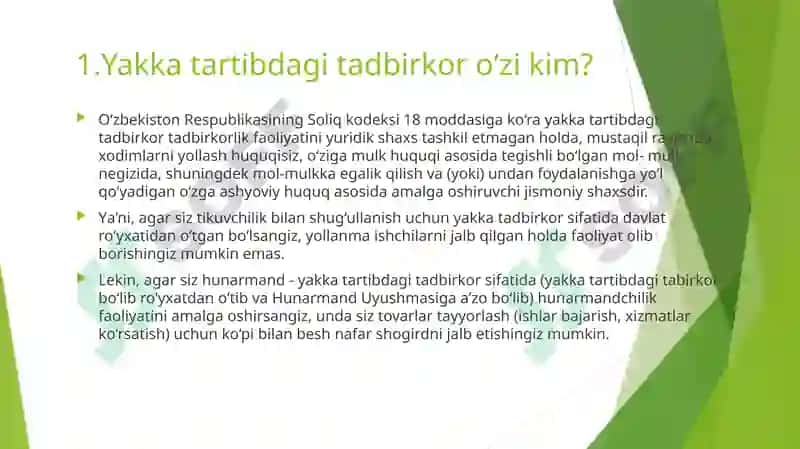 Yakka tartibdagi tadbirkorlarning foydasiga soliq solishning o’ziga xos xususiyatlari 4