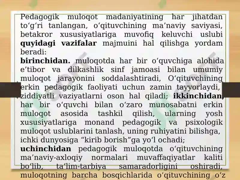 Oʻqituvchi kasbiy faoliyatida muloqot madaniyati va psixologiyasi. Oʻqituvchi va oʻquvchi oʻrtasidagi muloqot 4
