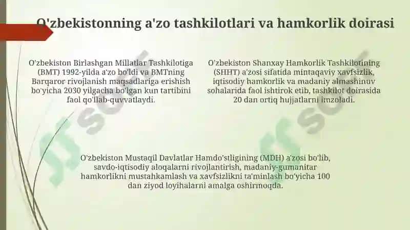 O'zbekistonning xalqaro tashkilotlar bilan hamkorlik aloqalari 4