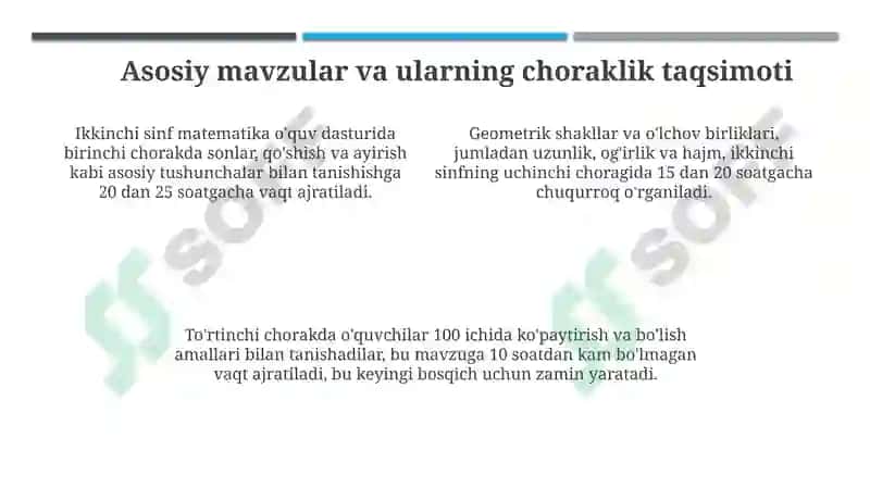 İkkinchi sinf matematika dasturlari va materiallarining choraklar bo'yicha joylashuvi umumiy tahlili 4