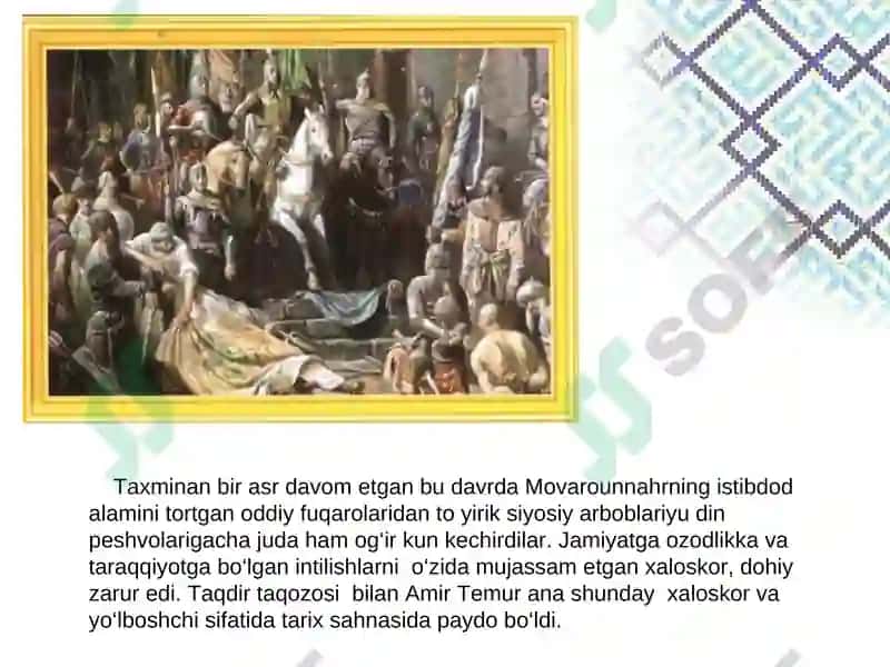 AMIR TEMUR BUYK SARKARDA VA DAVLAT ARBOBI AMIR TEMUR DAVLATINING TASHKIL TOPISHI 4