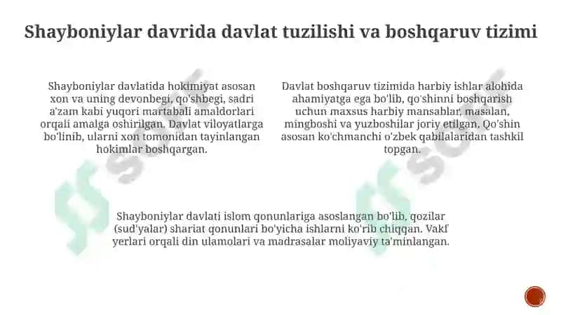 O‘zbek davlatchiligining tarixiy bosqichlari ( O‘zbekiston hududida shayboniylar ) 4