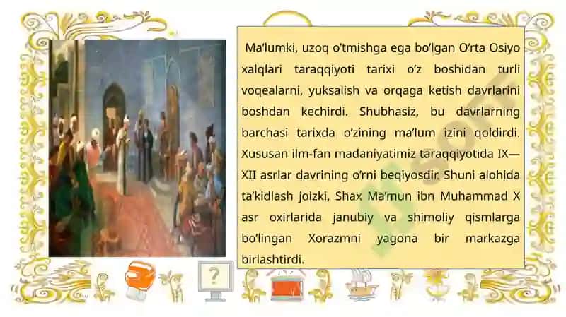 IX-Xii ASRLARDA MAMLAKATIMIZ HUDUDIDA RO`Y BERGAN MADANIY UYG`ONISH (Renesans). Buyuk allomalarimizning jahon sivilizatsiyasiga qo`shgan hissasi 4