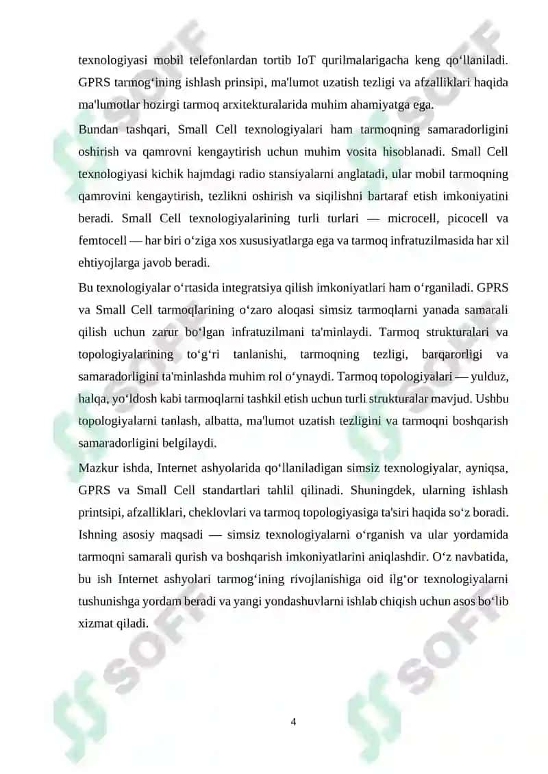 Internet ashyolarida qo‘llaniladigan simsiz texnologiyalari. GPRS, small cell standartlari. Tarmoqning strukturasi va topologiyasi. 4