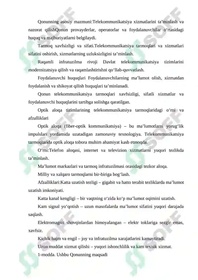 O‘ZRDA AXBOROTLASHTIRISH SOHASIDAGI ASOSIY QONUNLAR. TELEKOMMUNIKATSIYALAR TO‘G‘RISIDA QONUN. OPTIK ALOQA TIZIMLARINING TELEKOMMUNIKATSIYA TARMOQLARIDAGI O‘RNI VA AFZALLIKLARI. 4