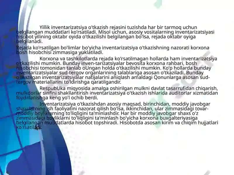 INVENTARIZATSIYA  O`TKAZISH  VA  NATIJASINI  RASMIYLASHTIRISH  TARTIBI. 4