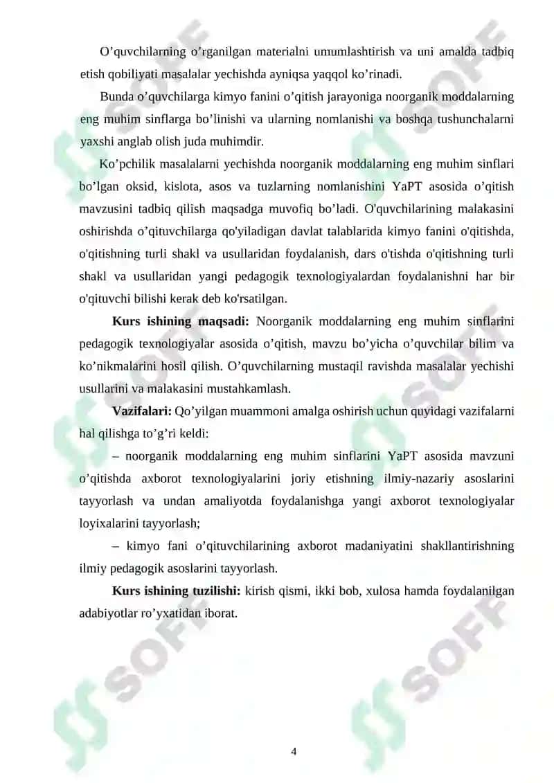 Noorganik moddalarning sinflarga	bo‘linishi va ularning nomlarini o‘qitish metodikasi 4