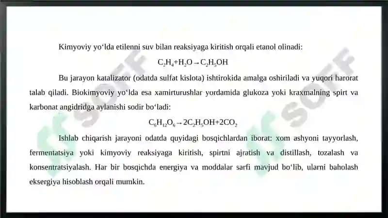 Etil spirtini ishlab chiqarish va uilarning har bir bosqichida eksergiyani hisoblash. 4