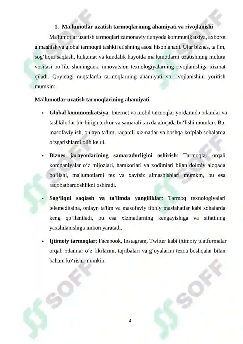 Ma'lumotlar uzatish tarmoqlarining ishonchlilik ko`rsatkichlariga talablar va ularni oshirish usullari. Ma’lumotlar uzatish tarmoqlarida monitoring usullari va protokollari 4