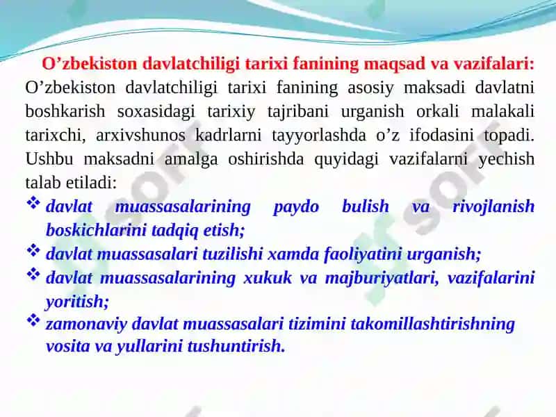 O’zbekiston davlat chiqarilgan tarix fanining ma’ruza mavzulari 4