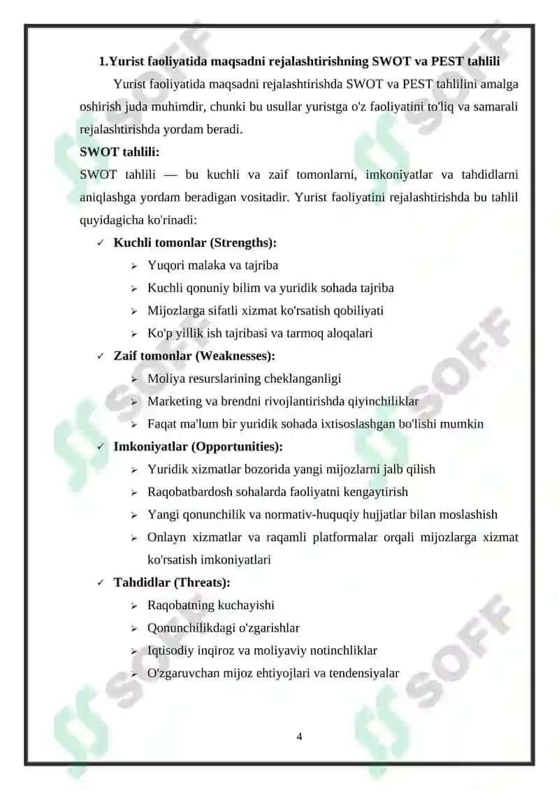 Yurist faoliyatida maqsadni rejalashtirishning SWOT va PEST tahlili 4