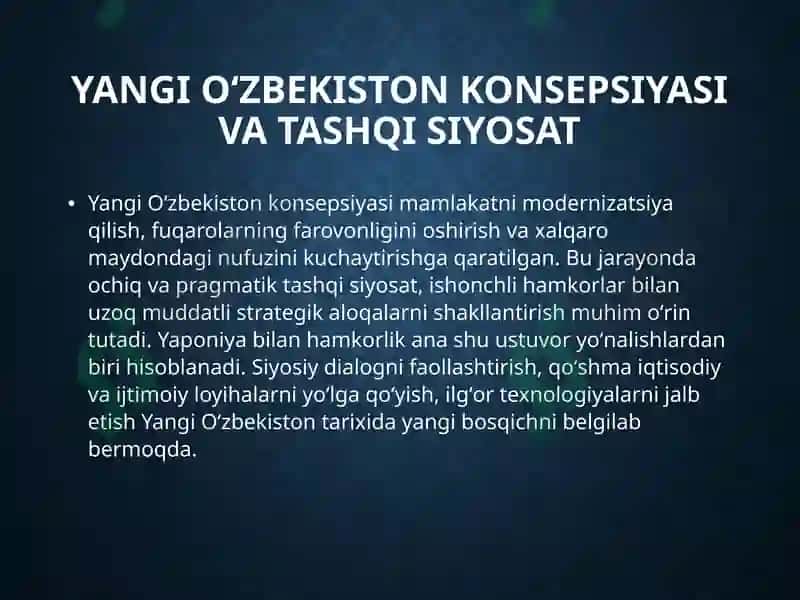 Yangi Oʻzbekiston va Yaponiya munosabatlari 4