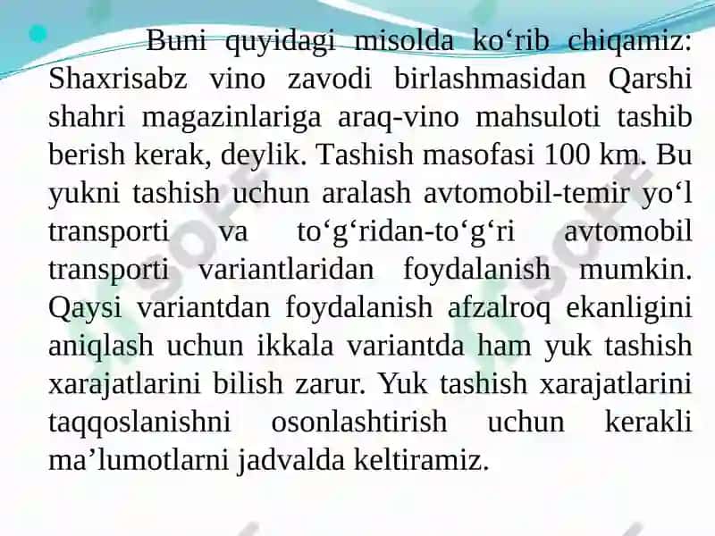 Trаnsportning аsosiy turlаri о‘rtаsidа yuk vа pаssаjir tаshishni оqilonа tаqsimlаsh 4