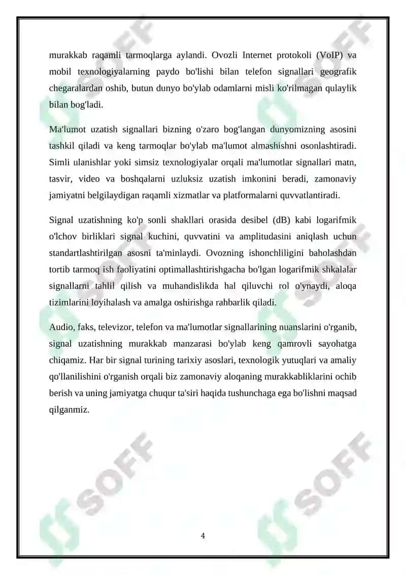AUDIO SIGNALLARNI UZATISH. FAKS SIGNALI. TELEVIDENIE SIGNALLARINI UZATISH. TELEFON SIGNALI. 4