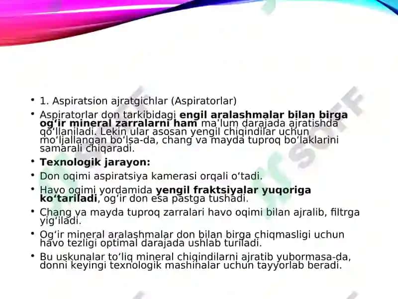 Don tarkibidan mineral chiqindilarni ajratib olish uchun foydalanan uskunalar va ularda kechadigan texnologik jarayonlar 4