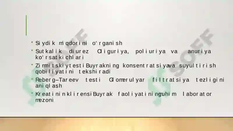 Ayiruv funksiyalarini tekshirish.﻿﻿Ter ajralishini tekshirish (Minor sinovi) ﻿﻿ayiruv jarayonlar MM dasturi “Amaliyot fiziologiyasi” siydik xosil bo’lishiga, gidrostatik, osmotik botimlari ve nefronning buyrak tanachasi arteriolalarining bosimini tasiri. MM dasturi “Amaliyot fizologiyasi” ﻿siydik xosil bo'lish tezligiga glyukozani ta’siri. MM dasturi “Amaliyat fizilogiyasi”﻿﻿ish o'yini «Galereya bo ylab aytanishi 4