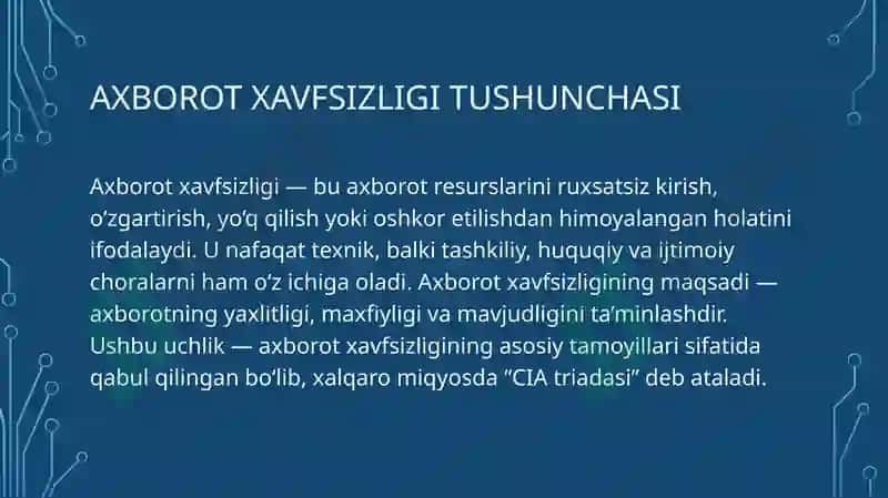 Axborot xavfsizligi va axborotlarni himoyalash usullari. Axborotlarni himoyalashning texnik va dasturiy vositalari 4