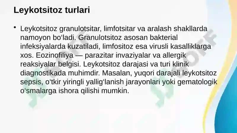 Qon patofiziologiyasi. Leykotsitoz, leykopeniya va leykomoid reaksiyalar. Leykoz va uning turlari 4