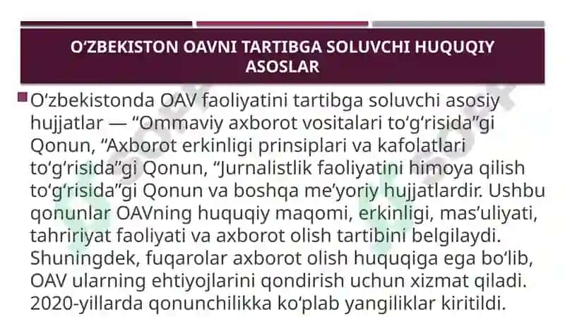 Oʻzbekiston respublikasi ommaviy axborot vositalarining faoliyati 4
