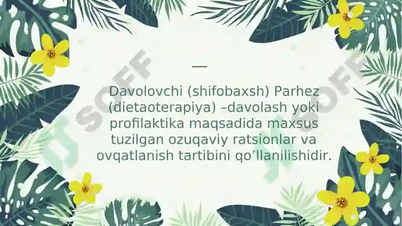 Oziqlanish -inson salomatlik holatiga, mehnat layoqatiga va tashqi muhit ta'sirlariga organizmning qarshilik ko’rsata olish xususiyatlariga sеzilarli ta'sir ko’rsatadigan muhim omillardan biri 4