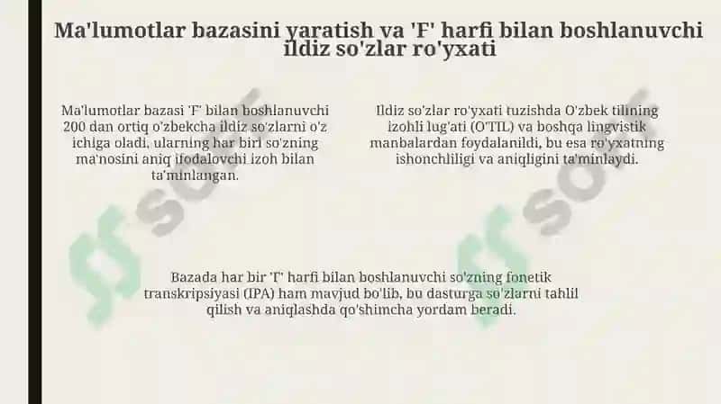 "Oʻzbek tilida“F” harfi bilan boshlanuvchi oʻzak soʻzlarni aniqlovchi dastur" 4