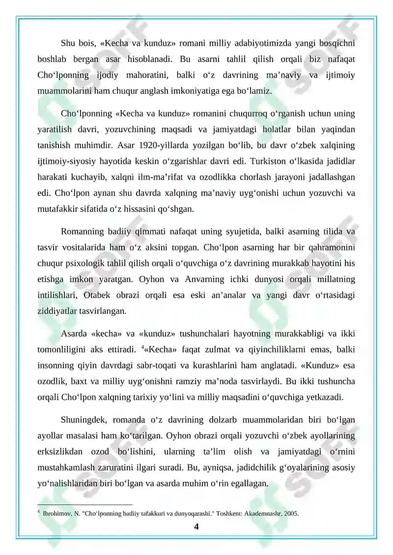 Oʻzbek adabiyoti tarixi fanidan «Choʻlponning «Kecha va kunduz» asari tahlili» 4