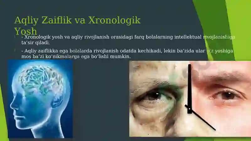 Aqliy nogironlikning turli shakllari etiologiyasi va patogenezi: aqli zaiflikning xronologik yoshi, zaiflik darajasi, aqliy, nutq va ijtimoiy faoliyat darajasi bo‘yicha rivojlanish xususiyatlari. 4