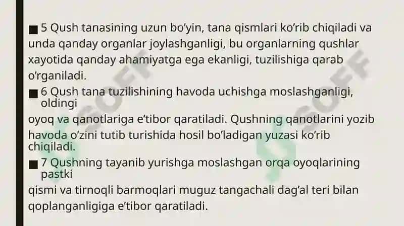 Qushlar sinfi vakillaridan tana tuzilish modellarini tayyorlash ( patlari, tumshuq tuzilishi, oyoq x 4